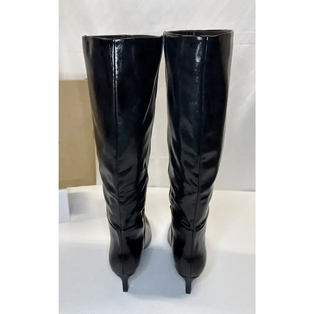 CELLENZ Faux Leather Knee High Boots Pointed Toe Low Kitten Heel Black Size 8